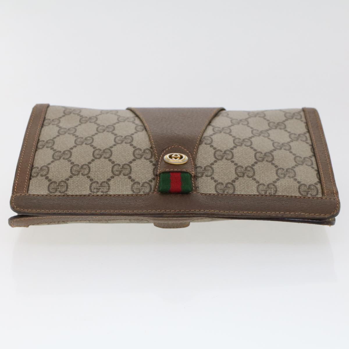 GUCCI GG Canvas Web Sherry Line Clutch Bag PVC Leather Beige Green 44139