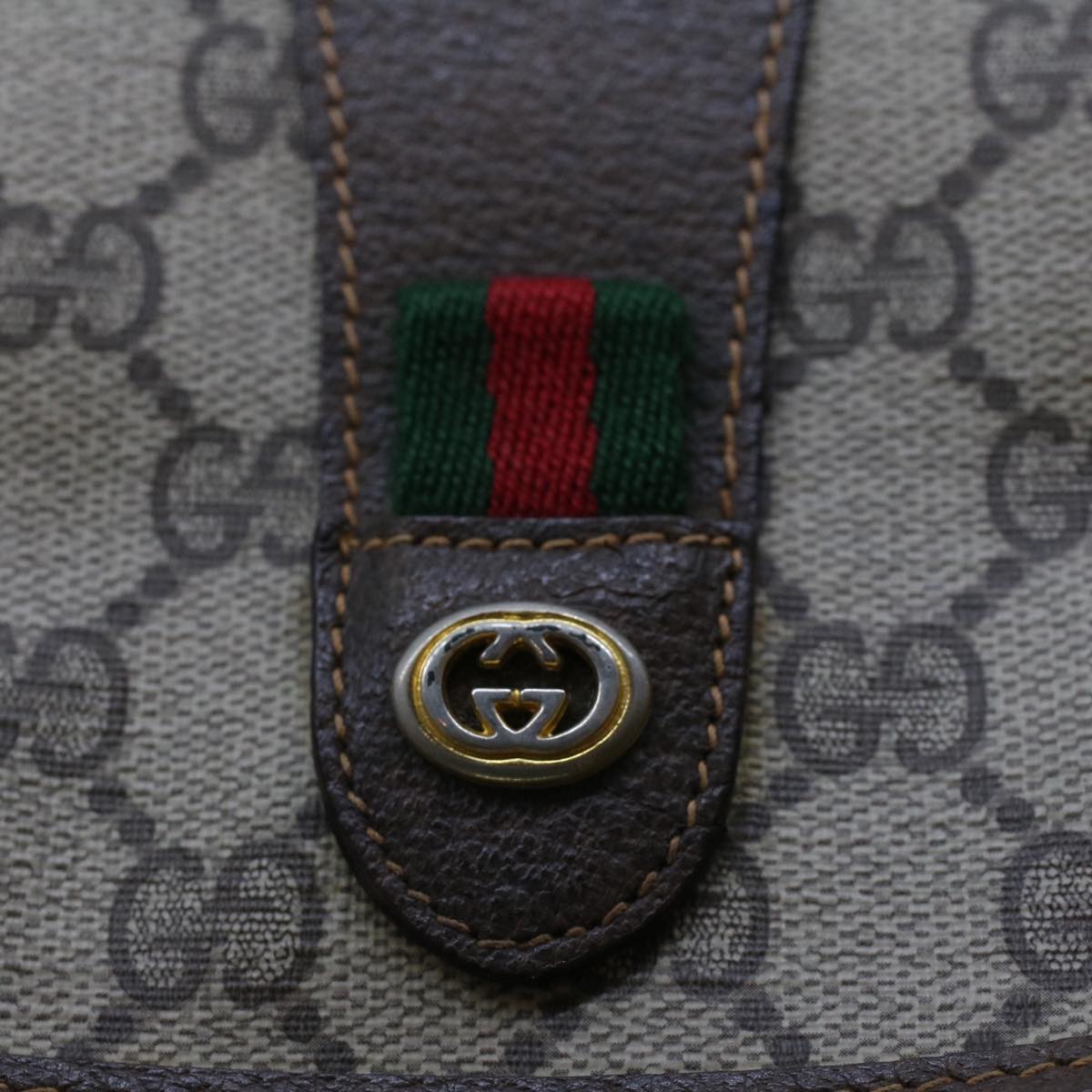 GUCCI GG Canvas Web Sherry Line Clutch Bag PVC Leather Beige Green 44152