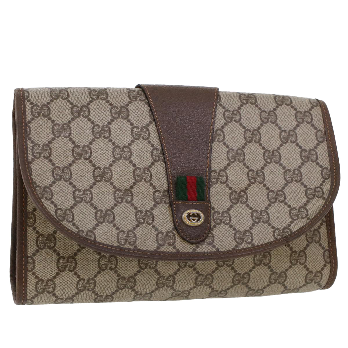 GUCCI GG Canvas Web Sherry Line Clutch Bag PVC Leather Beige Green 44152