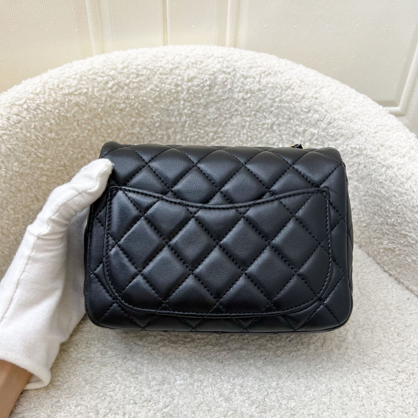 GLM-Pearl Crush Square Mini Flap in Black Lambskin and AGHW (Model: AS1786)