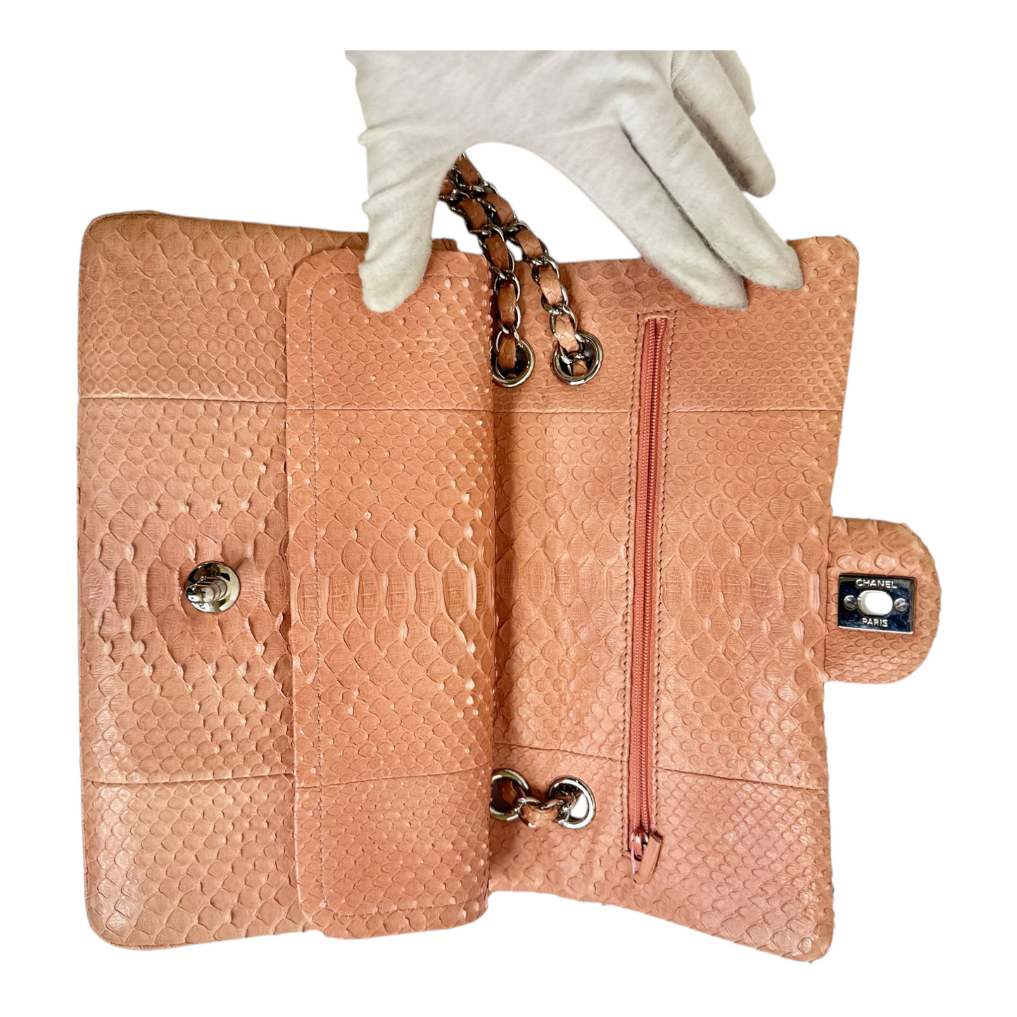 GLM-Pink Python Medium Double Flap Handbag