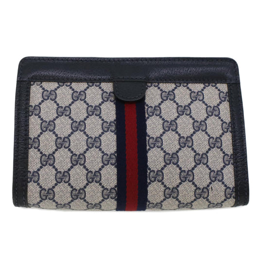GUCCI GG Canvas Sherry Line Clutch Bag Gray Red Navy