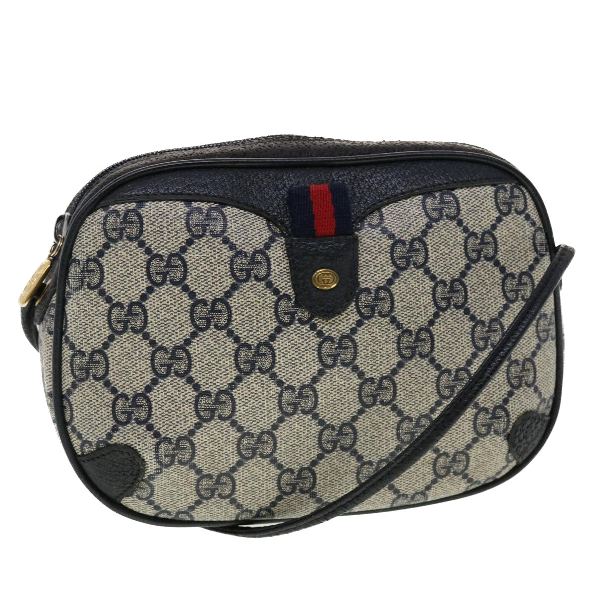 GUCCI GG Canvas Sherry Line Shoulder Bag PVC Leather Gray Red Navy 44784