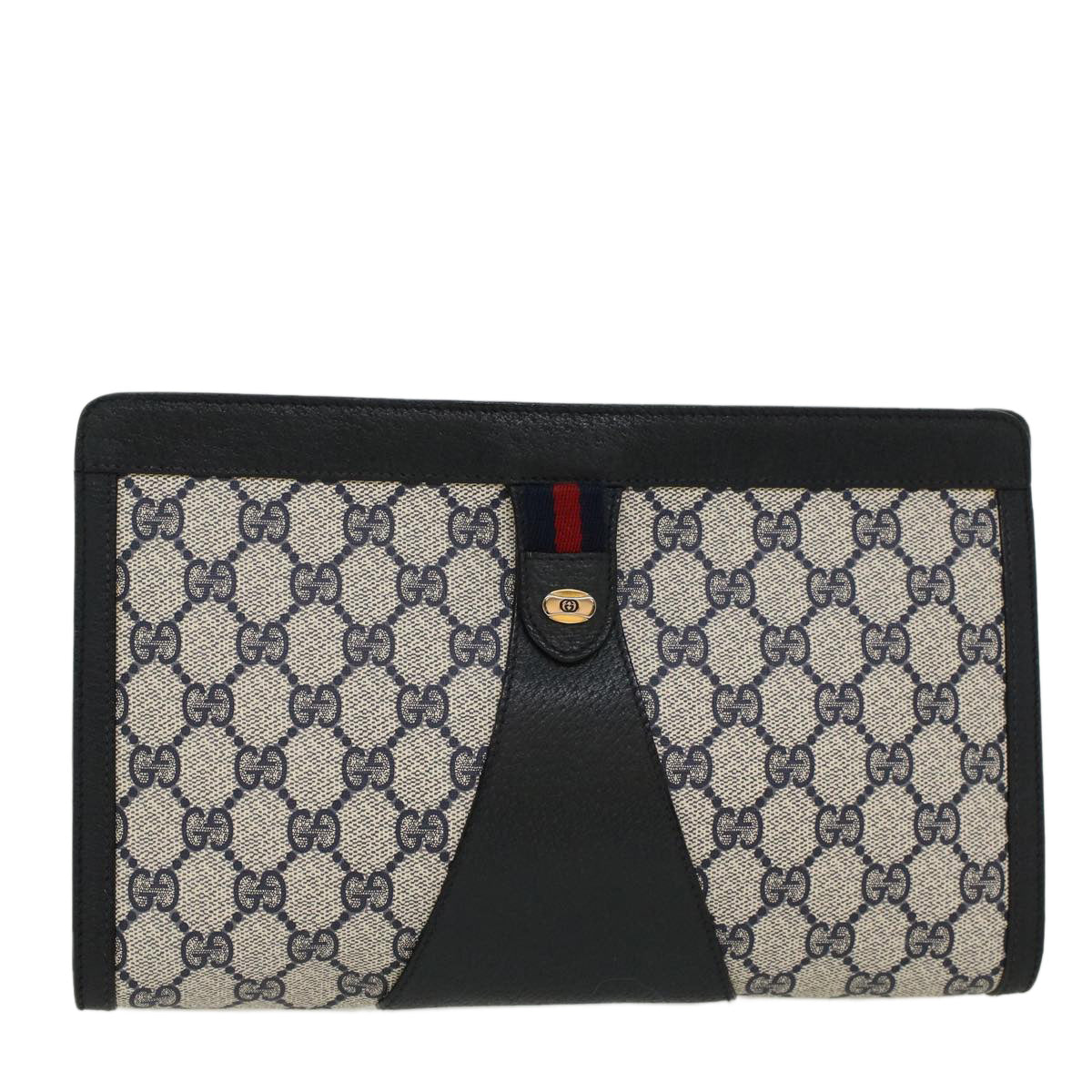 GUCCI GG Canvas Sherry Line Clutch Bag Gray Red Navy 89•01•033 44785