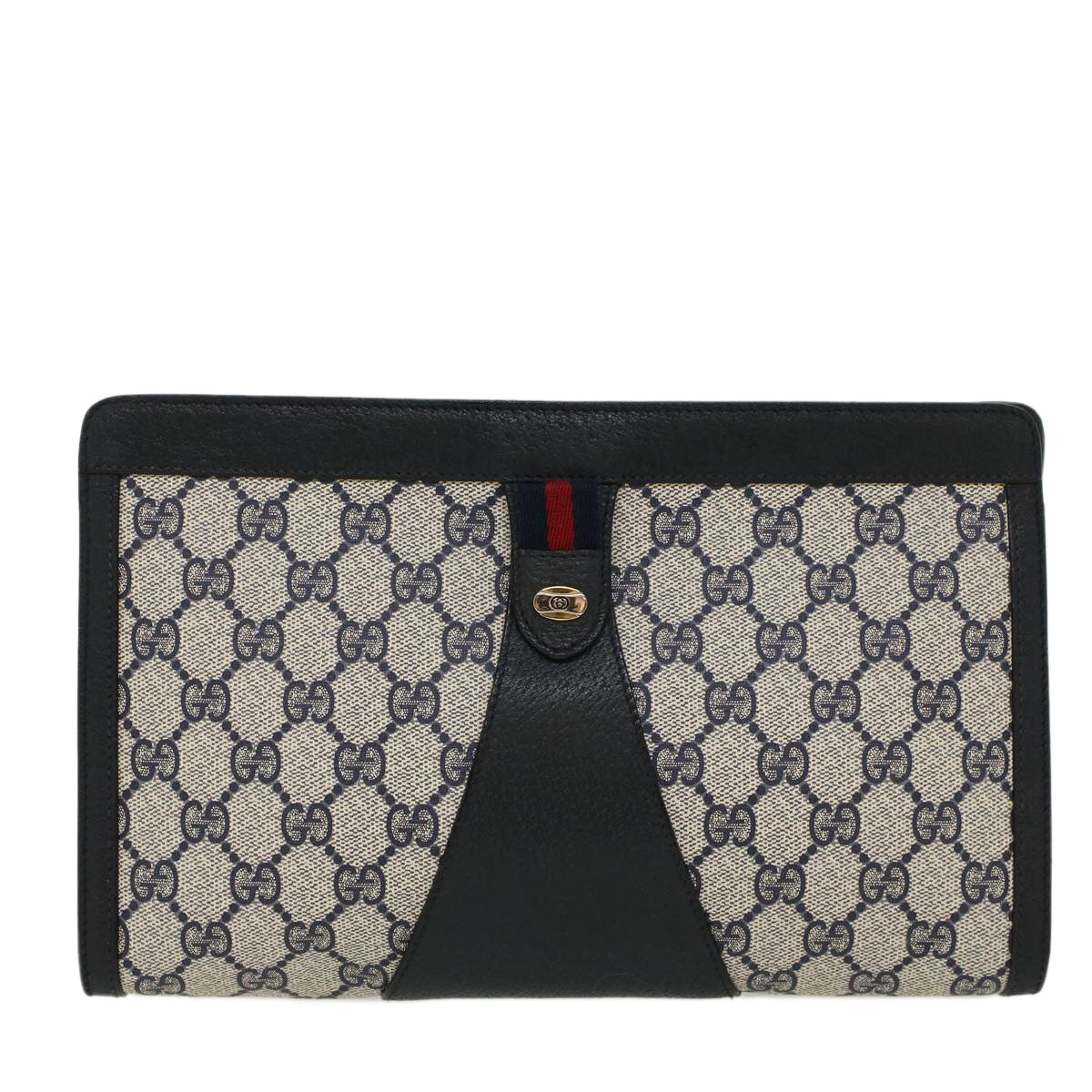 GUCCI GG Canvas Sherry Line Clutch Bag Gray Red Navy 89•01•033 44785