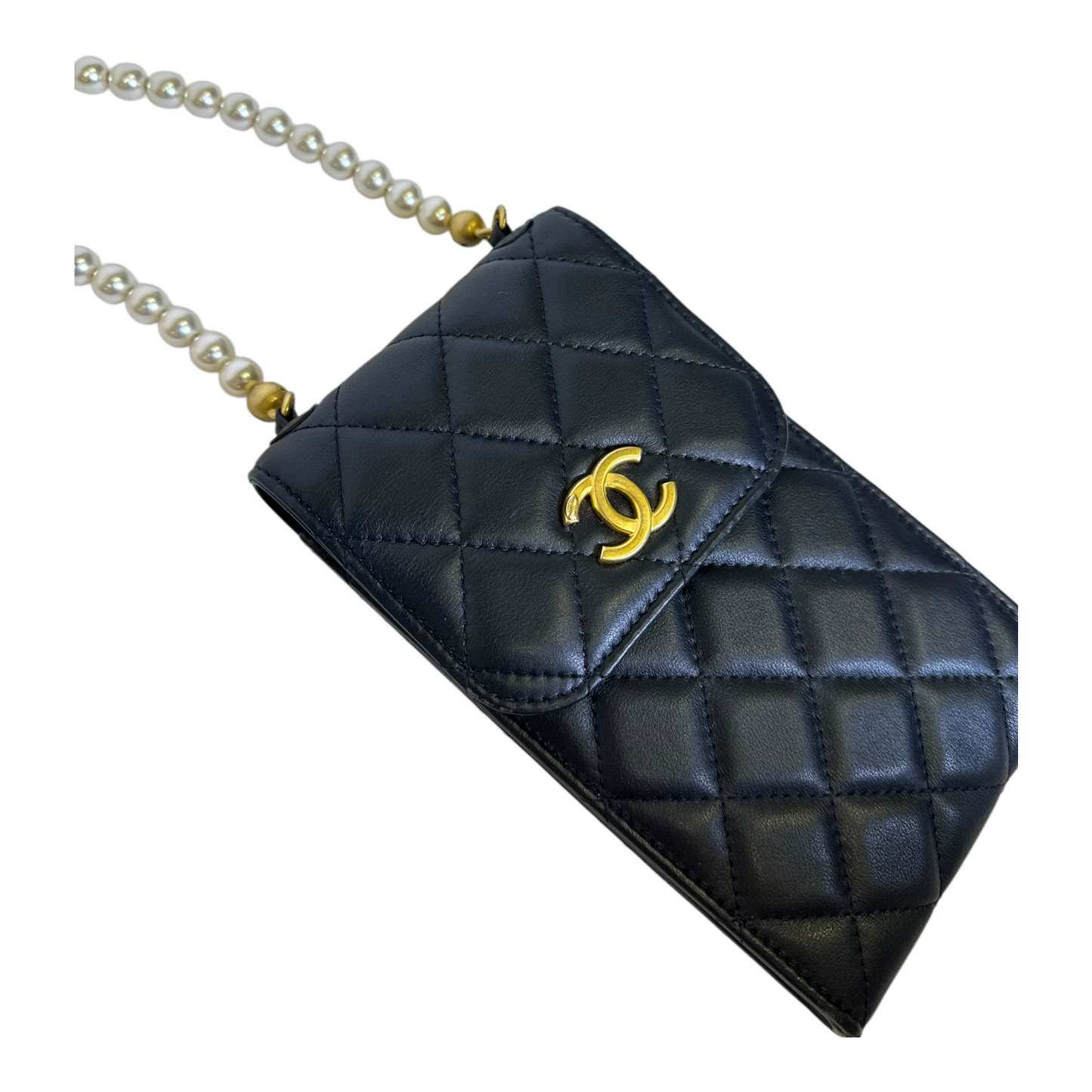 Chanel Lambskin Quilted Pearl Phone Holder With Chain Black