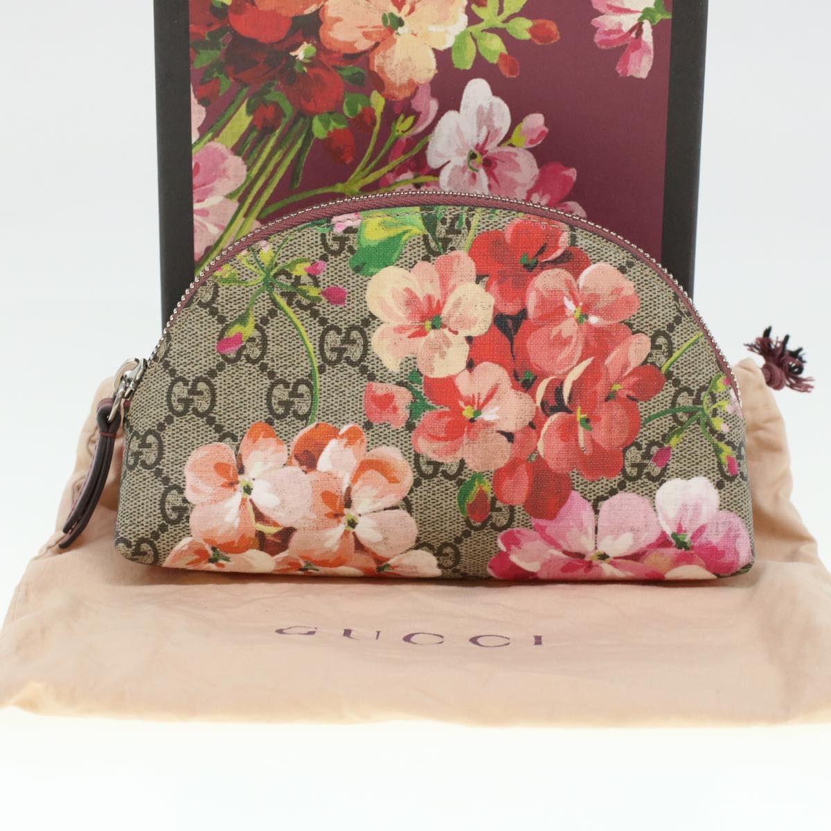 GUCCI GG Canvas Floral Cosmetic Pouch PVC Leather Beige Pink 431380 45046