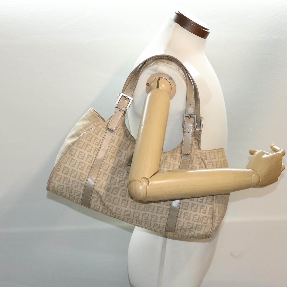 FENDI Zucchino Canvas Mamma Baguette Hand Bag Leather Beige 45281