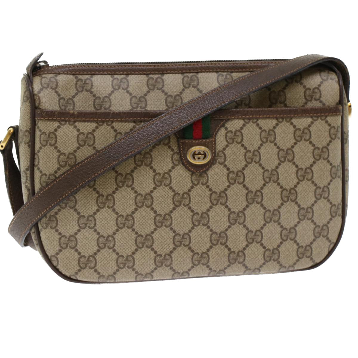 GUCCI GG Canvas Web Sherry Line Shoulder Bag PVC Leather Beige Red 45598