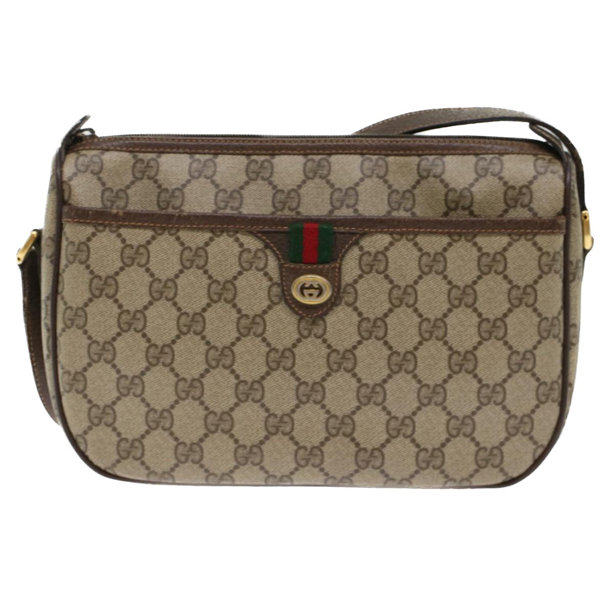 GUCCI GG Canvas Web Sherry Line Shoulder Bag PVC Leather Beige Red 45598