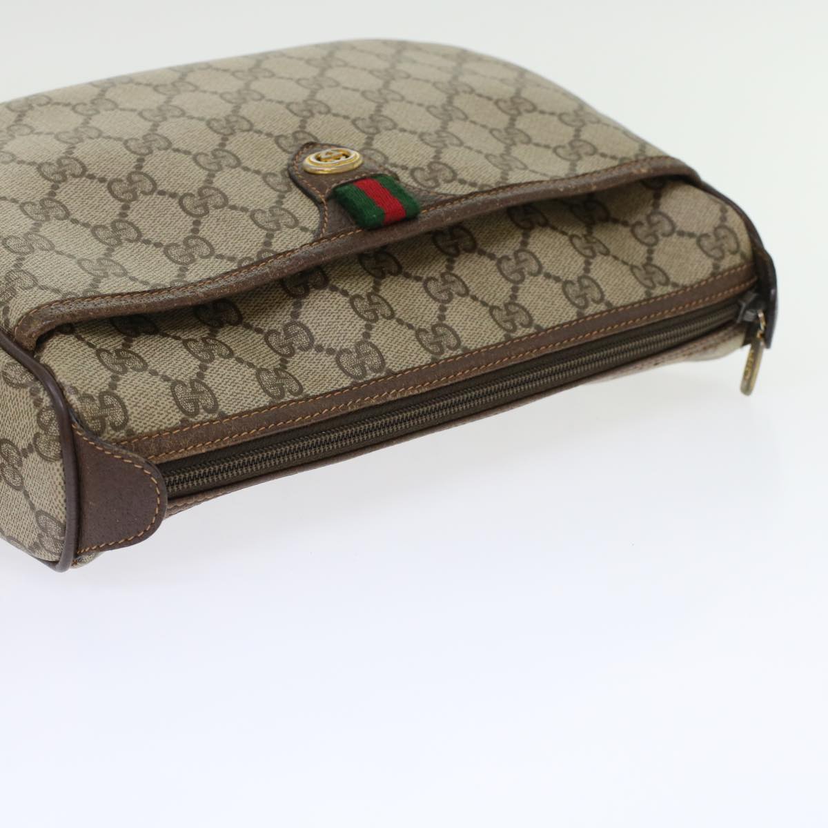 GUCCI GG Canvas Web Sherry Line Shoulder Bag PVC Leather Beige Red 45598