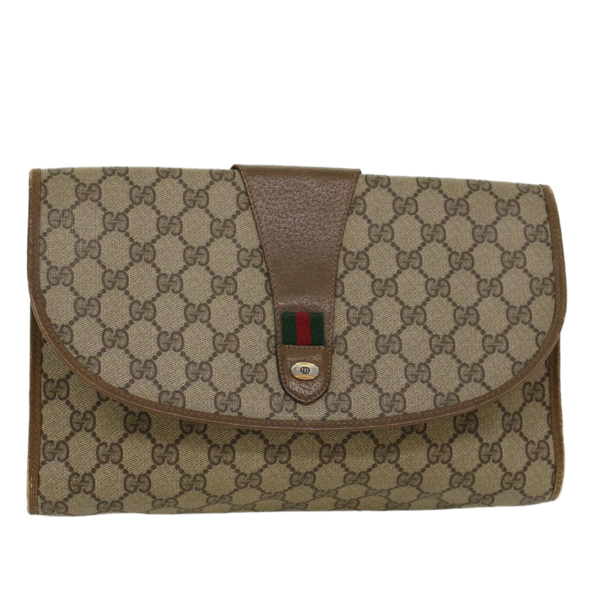 GUCCI GG Canvas Web Sherry Line Clutch Bag PVC Leather Beige Red 45599