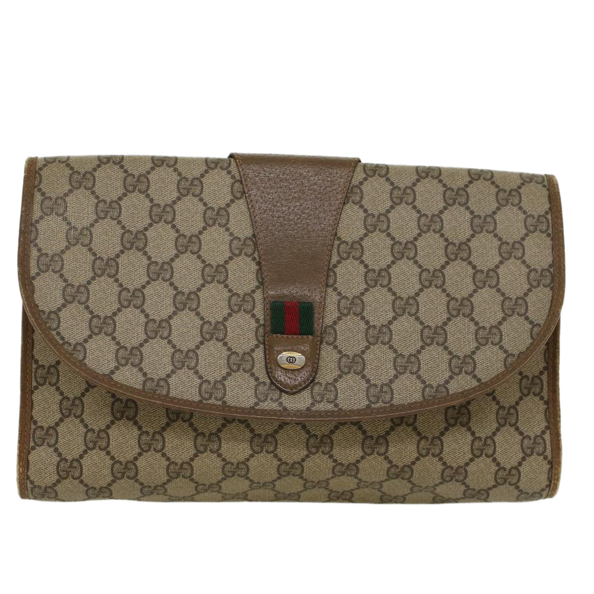 GUCCI GG Canvas Web Sherry Line Clutch Bag PVC Leather Beige Red 45599