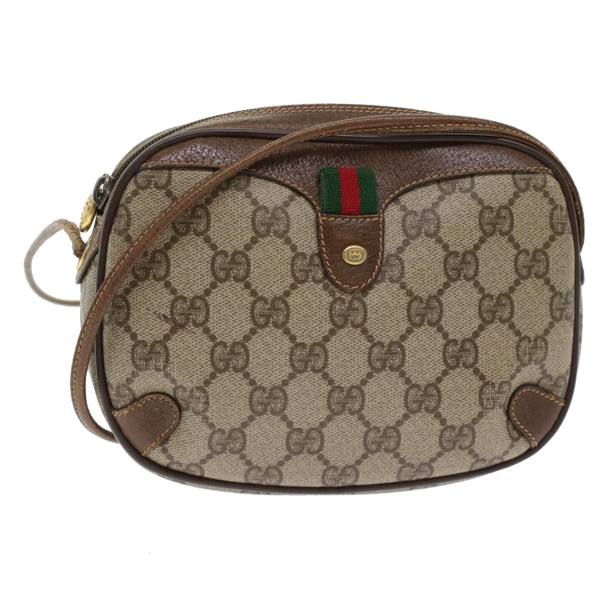 GUCCI GG Canvas Web Sherry Line Shoulder Bag PVC Leather Beige Red 45604