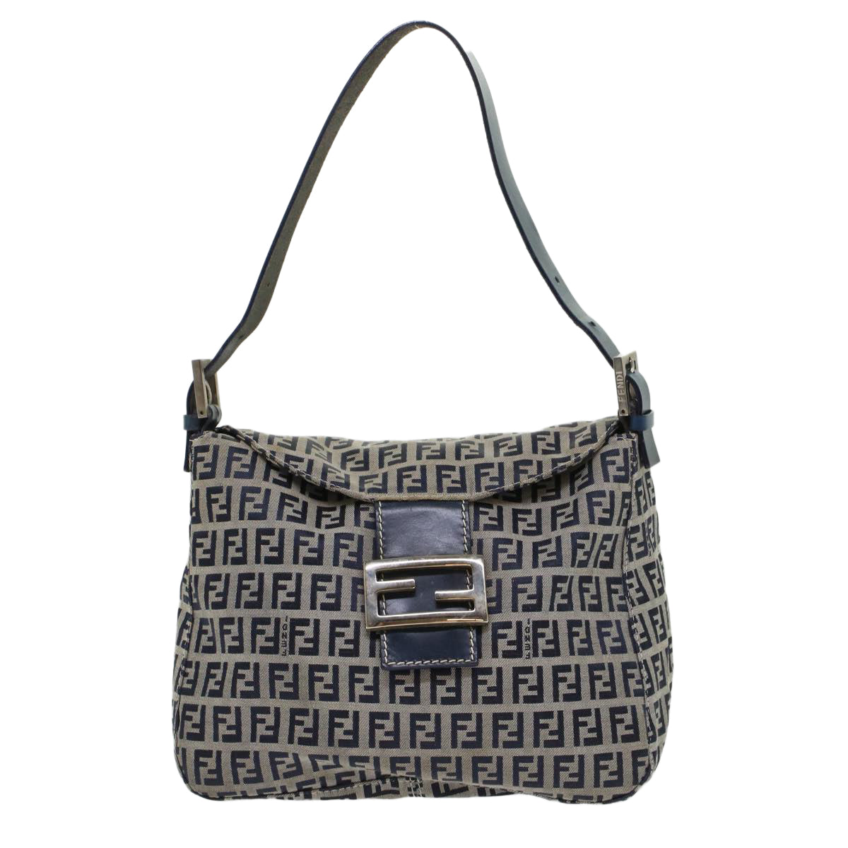 FENDI Zucchino Canvas Mamma Baguette Shoulder Bag Leather Navy 45956