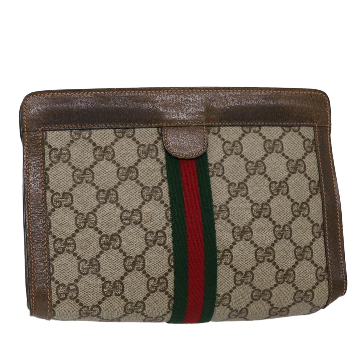 GUCCI GG Canvas Web Sherry Line Clutch Bag PVC Leather Beige Green 46133