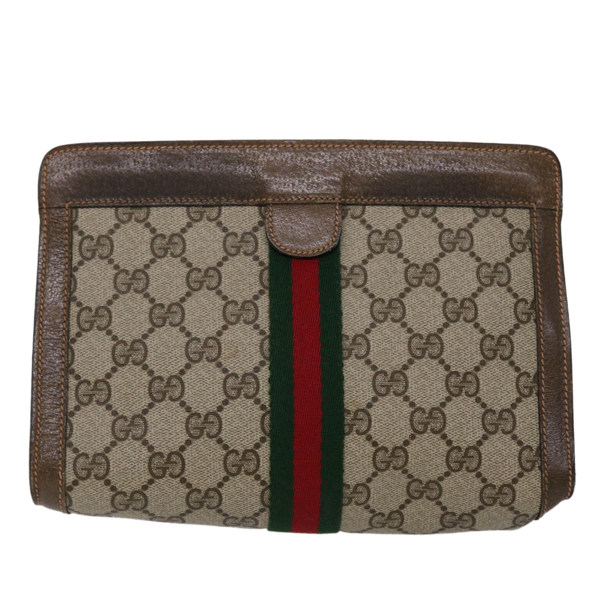 GUCCI GG Canvas Web Sherry Line Clutch Bag PVC Leather Beige Green 46133