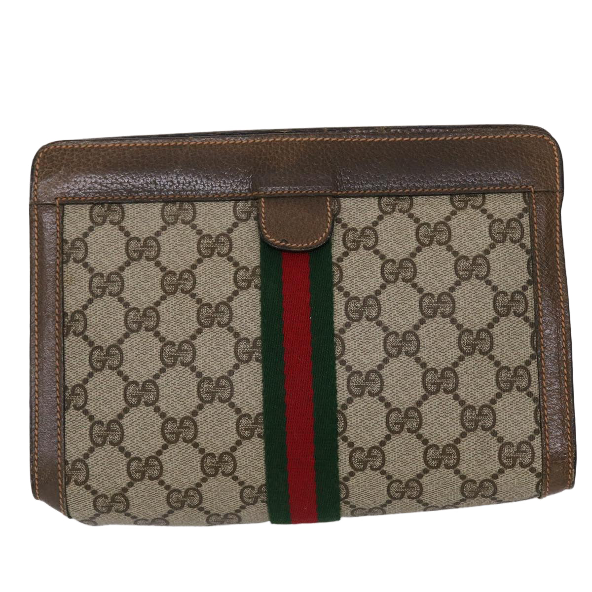 GUCCI GG Canvas Web Sherry Line Clutch Bag PVC Leather Beige Green 46133
