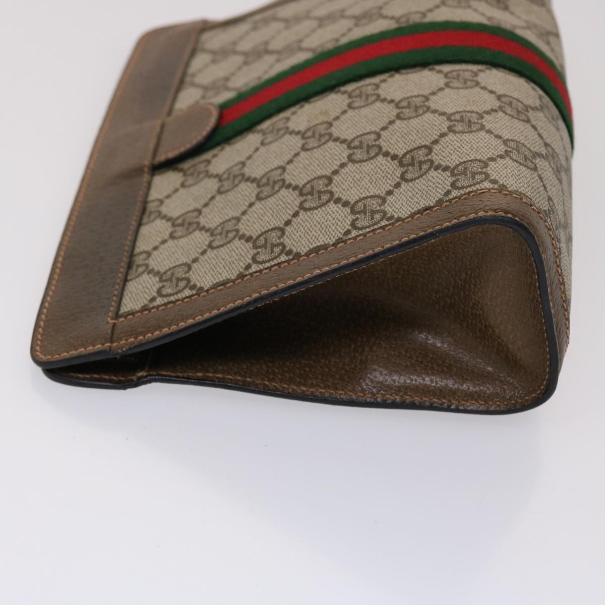 GUCCI GG Canvas Web Sherry Line Clutch Bag PVC Leather Beige Green 46133