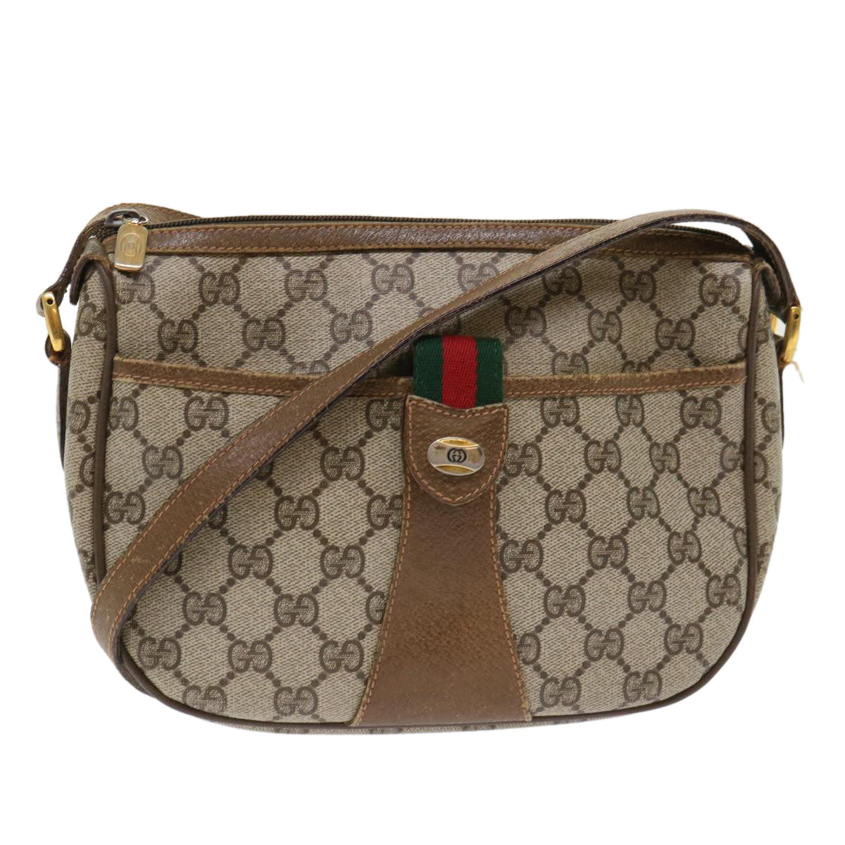 GUCCI GG Canvas Web Sherry Line Shoulder Bag PVC Leather Beige Green 46668
