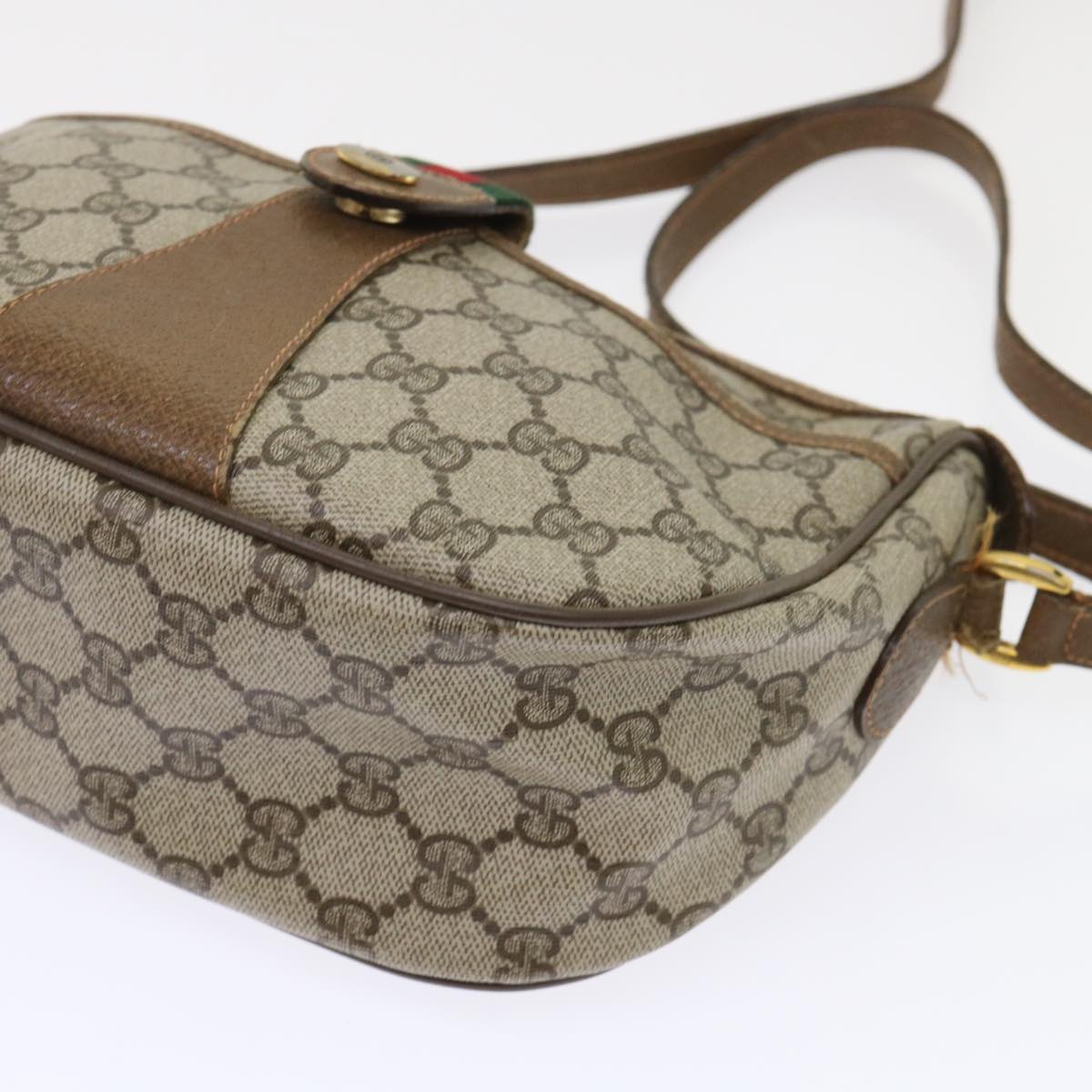 GUCCI GG Canvas Web Sherry Line Shoulder Bag PVC Leather Beige Green 46668