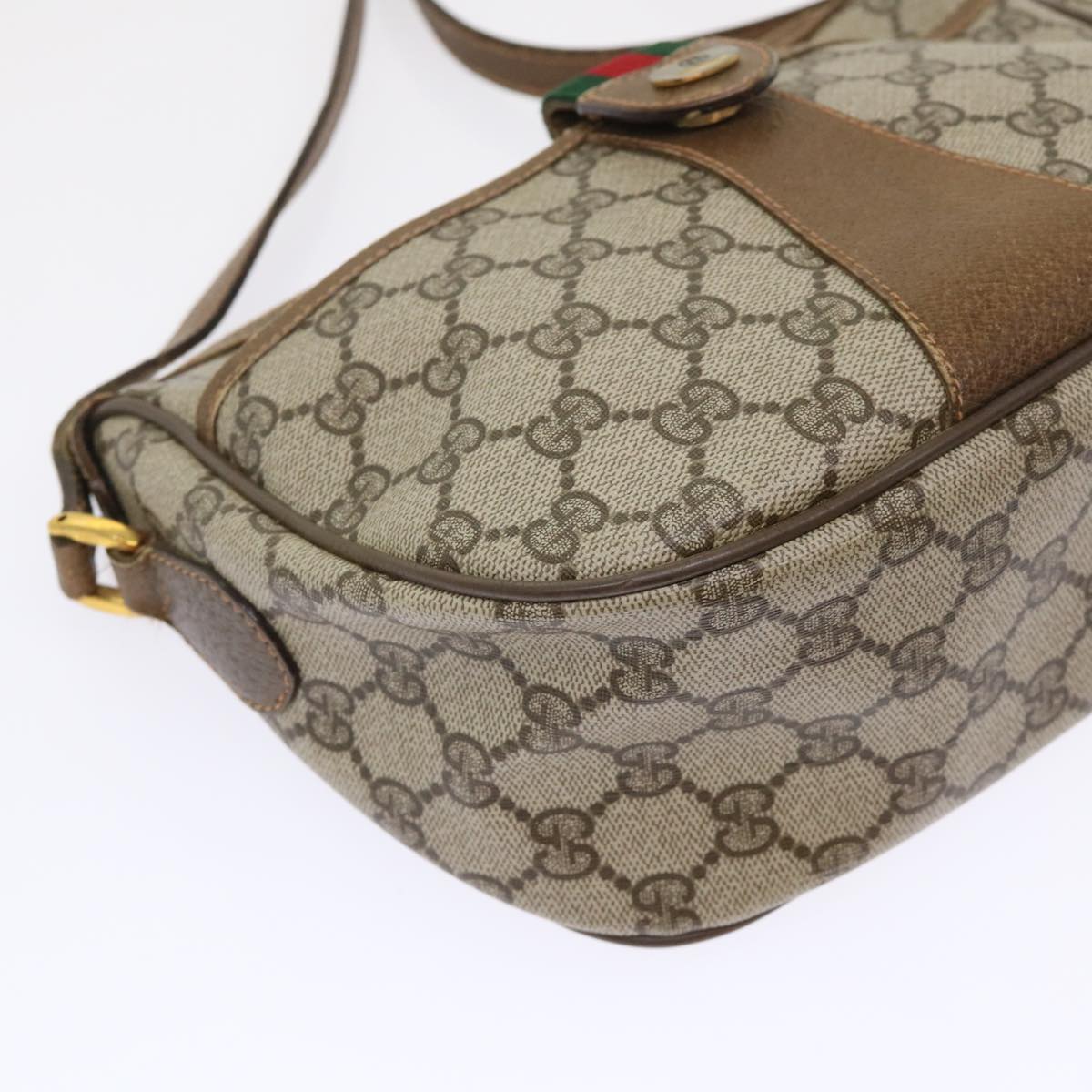 GUCCI GG Canvas Web Sherry Line Shoulder Bag PVC Leather Beige Green 46668