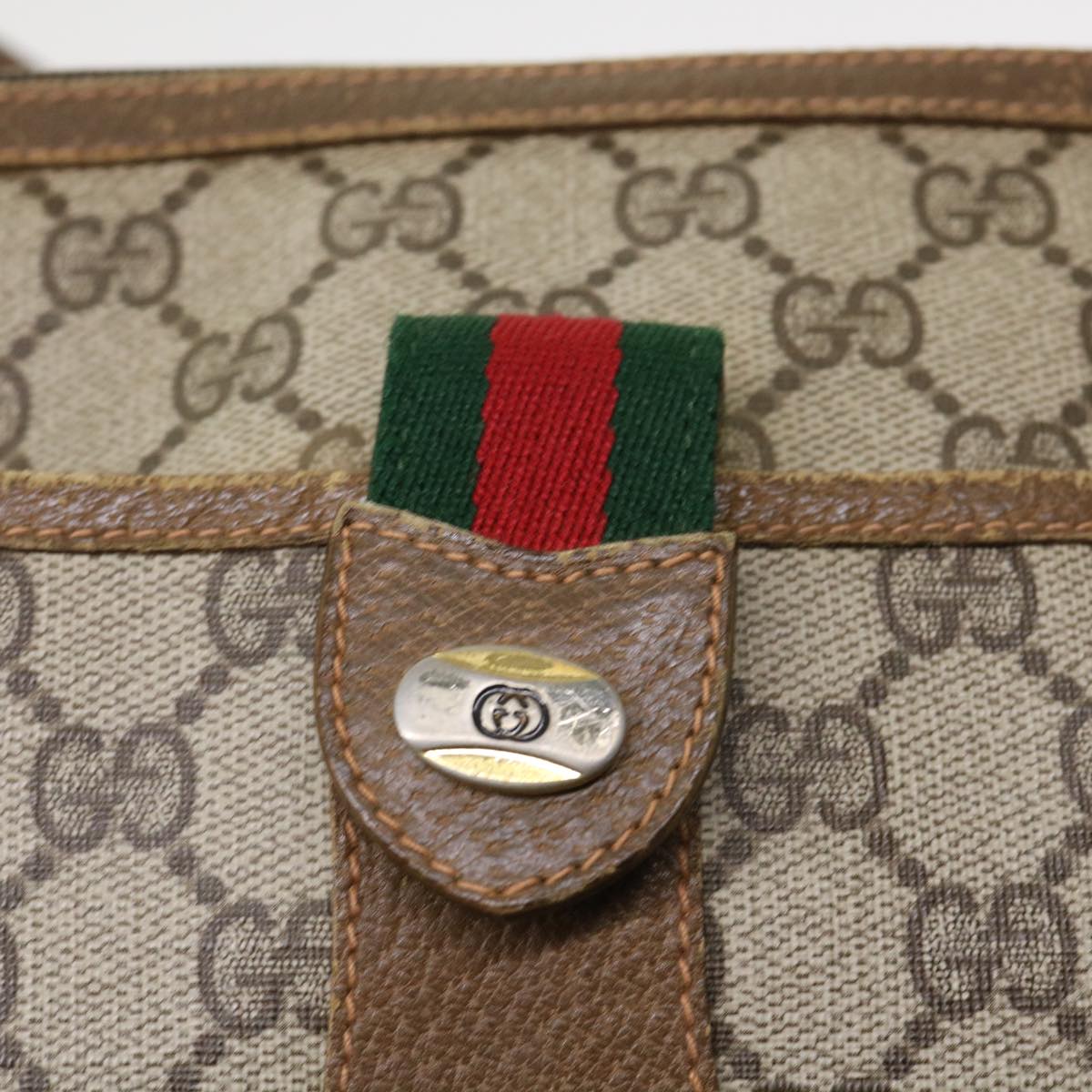 GUCCI GG Canvas Web Sherry Line Shoulder Bag PVC Leather Beige Green 46668