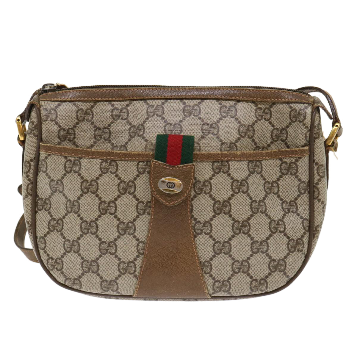 GUCCI GG Canvas Web Sherry Line Shoulder Bag PVC Leather Beige Green 46668