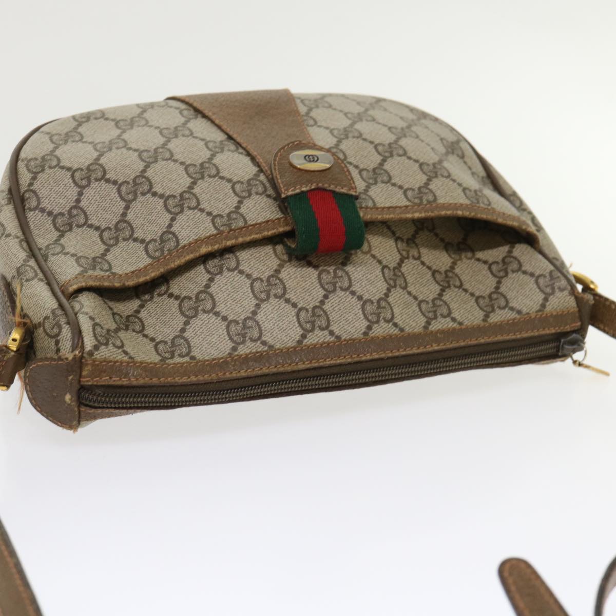 GUCCI GG Canvas Web Sherry Line Shoulder Bag PVC Leather Beige Green 46668