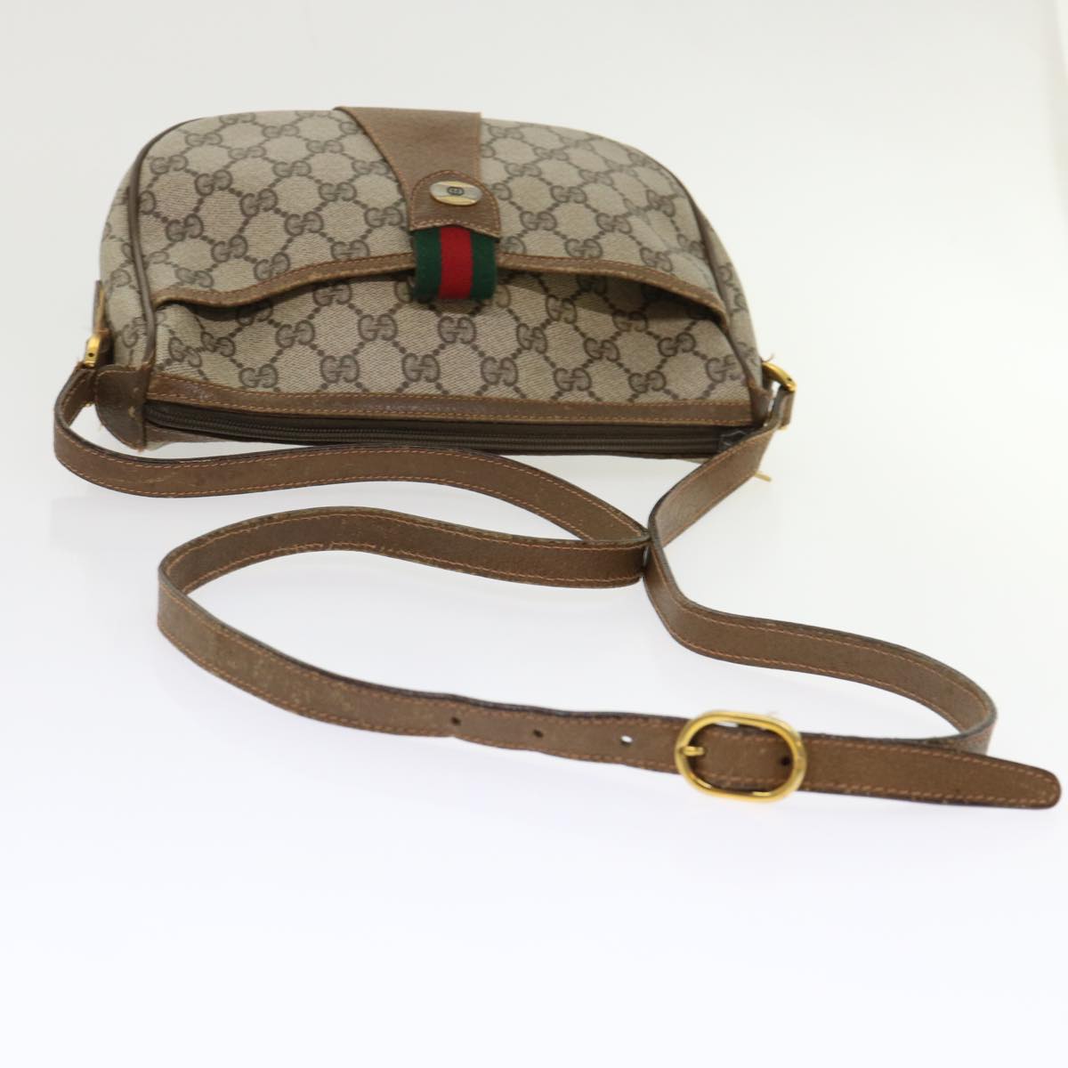 GUCCI GG Canvas Web Sherry Line Shoulder Bag PVC Leather Beige Green 46668