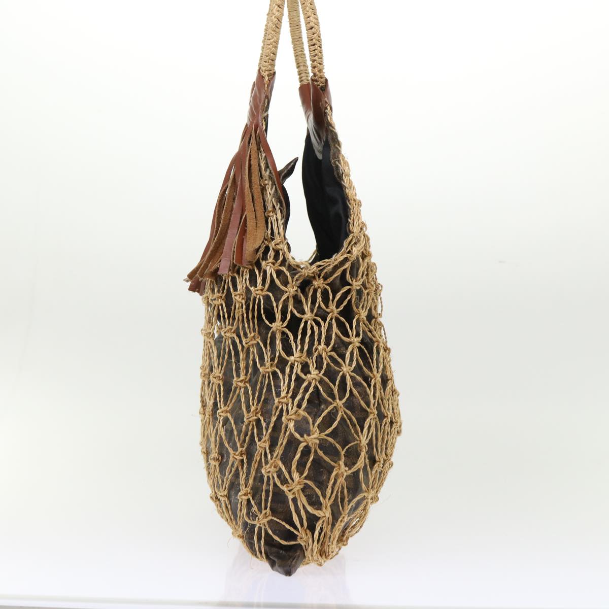 FENDI Zucca Canvas Hand Bag Straw Brown Black 46675