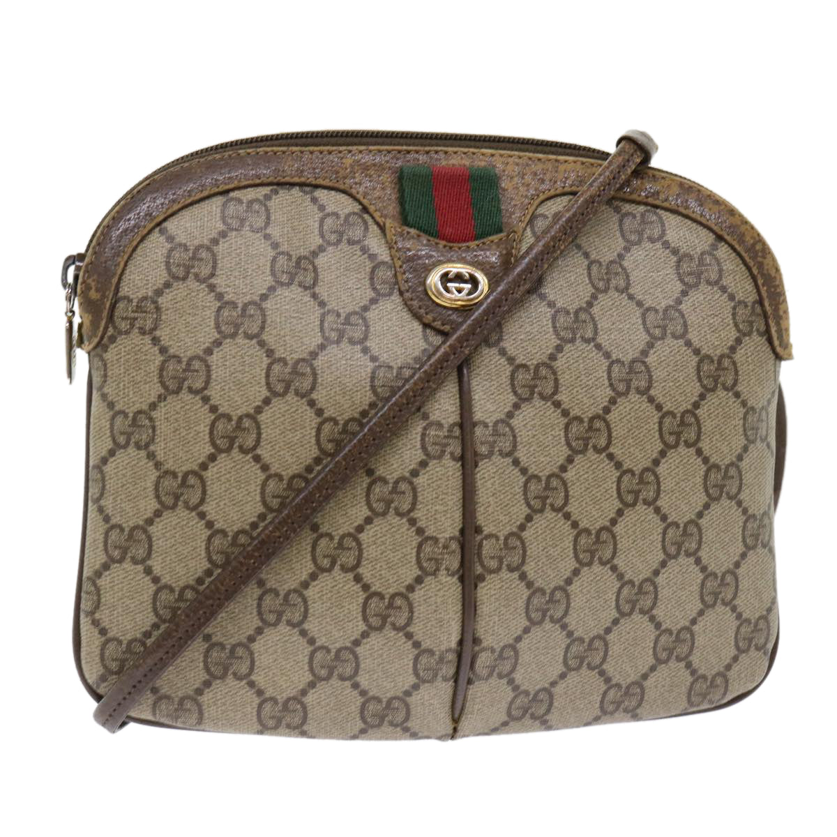 GUCCI GG Canvas Web Sherry Line Shoulder Bag PVC Leather Beige Green 46681