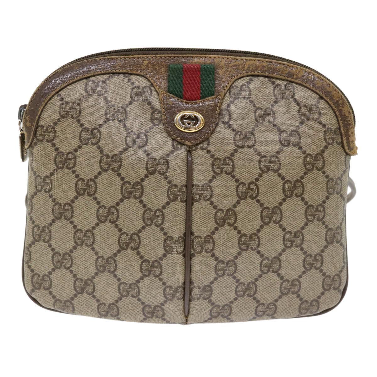 GUCCI GG Canvas Web Sherry Line Shoulder Bag PVC Leather Beige Green 46681