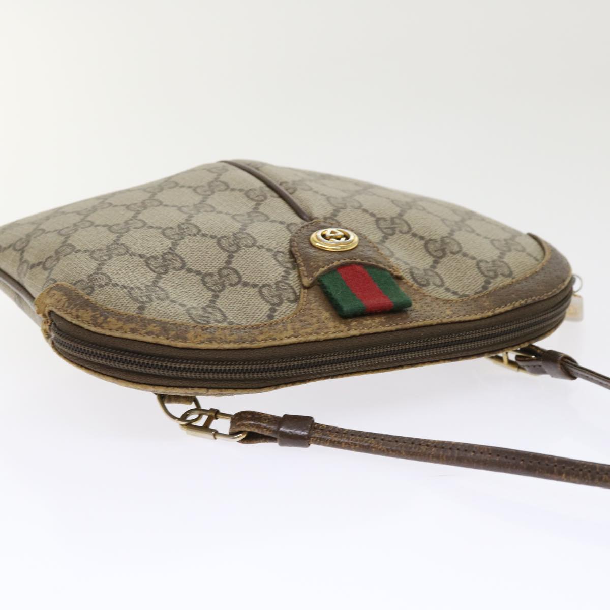 GUCCI GG Canvas Web Sherry Line Shoulder Bag PVC Leather Beige Green 46681