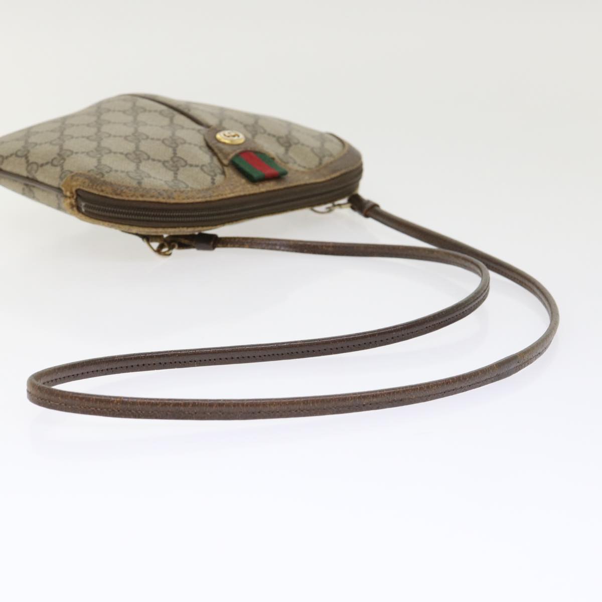 GUCCI GG Canvas Web Sherry Line Shoulder Bag PVC Leather Beige Green 46681