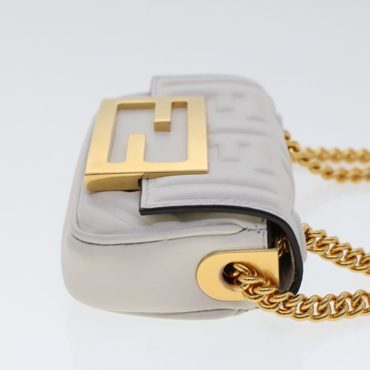 FENDI Zucca Canvas Nano Baguette Chain Shoulder Bag Leather White 47061