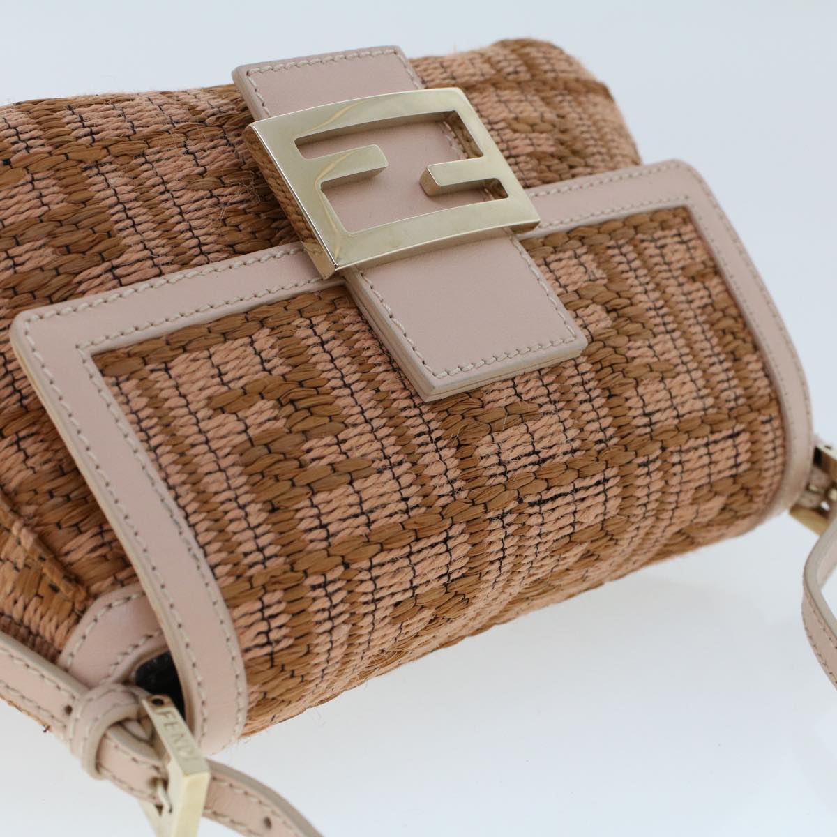 FENDI Mamma Baguette Shoulder Bag Straw Beige Pink 47062