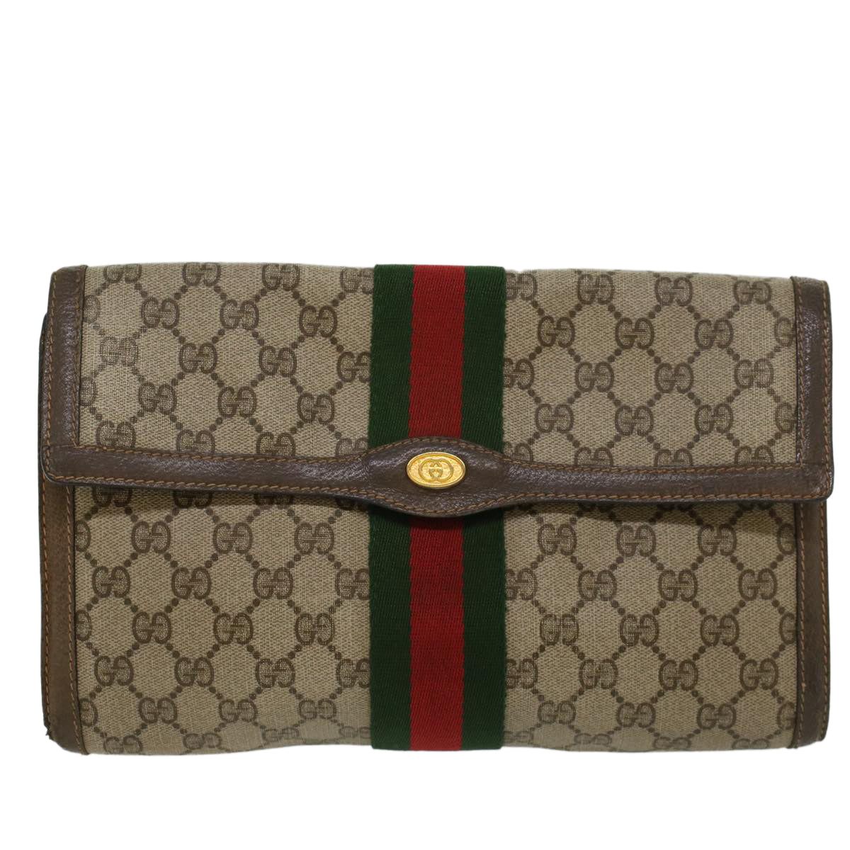 GUCCI GG Canvas Web Sherry Line Clutch Bag Beige Red 89•01•007 47106