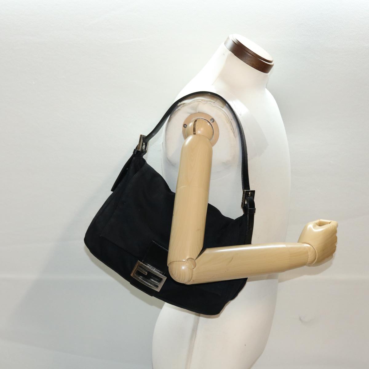 FENDI Mamma Baguette Shoulder Bag Nylon Leather Black 47383