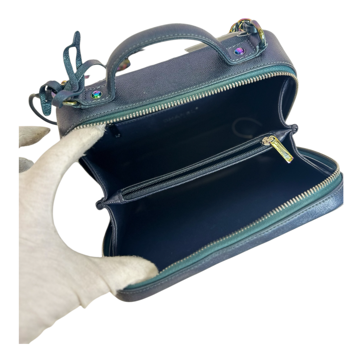 Chanel Iridescent Caviar Quilted Medium CC Filigree Vanity Case Dark Turquoise