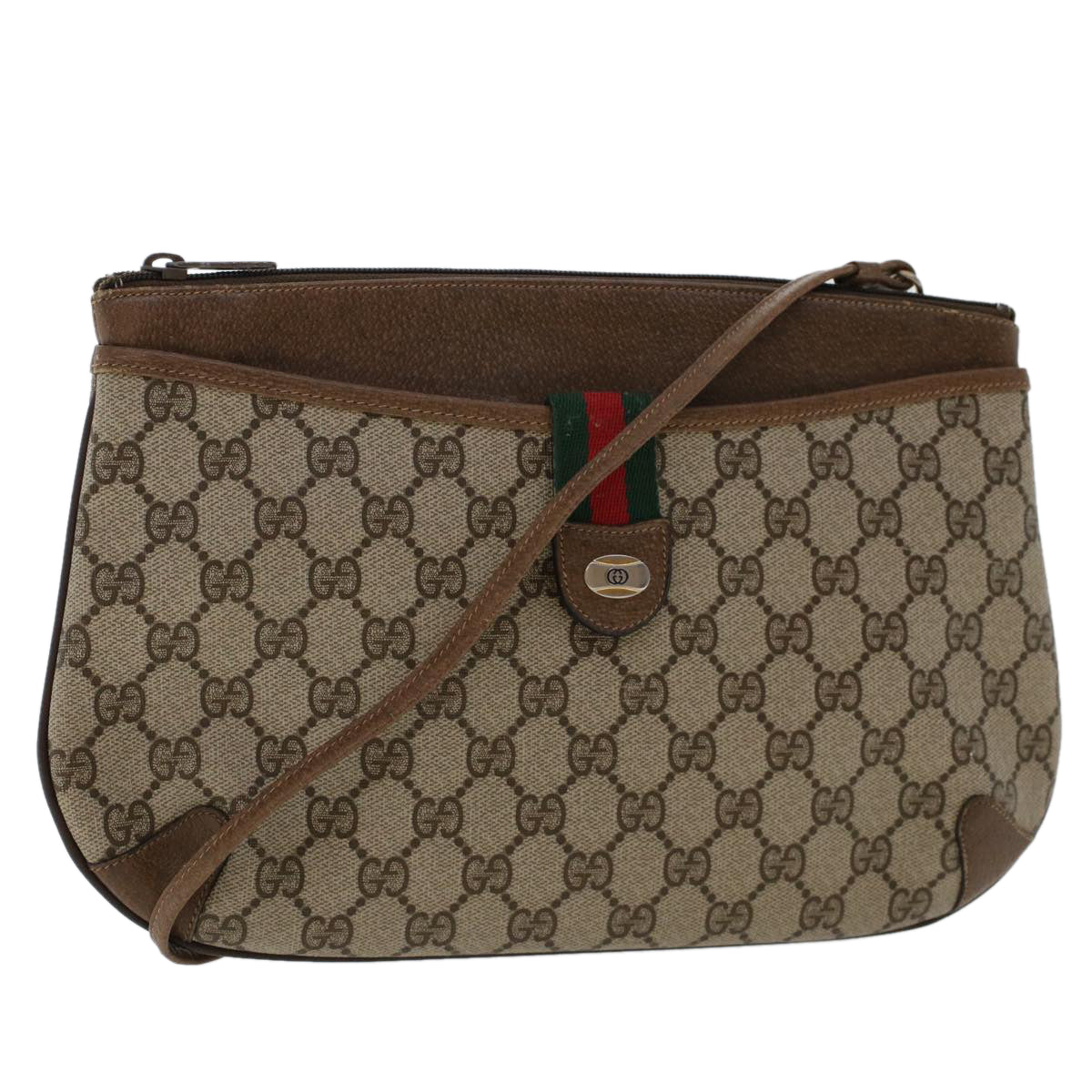 GUCCI GG Canvas Web Sherry Line Shoulder Bag PVC Leather Beige Green 48122