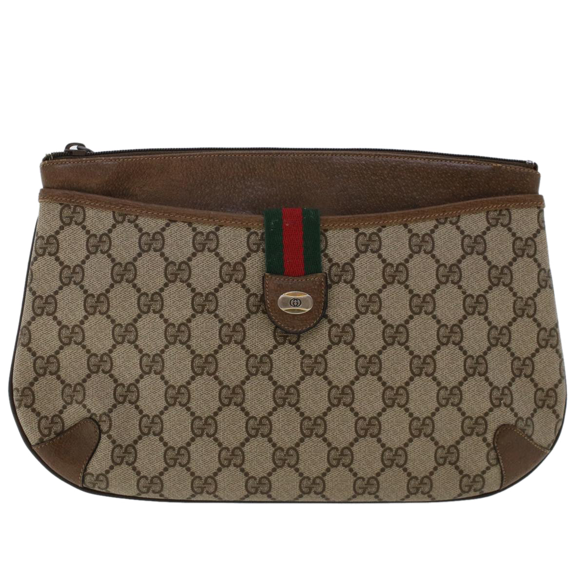 GUCCI GG Canvas Web Sherry Line Shoulder Bag PVC Leather Beige Green 48122