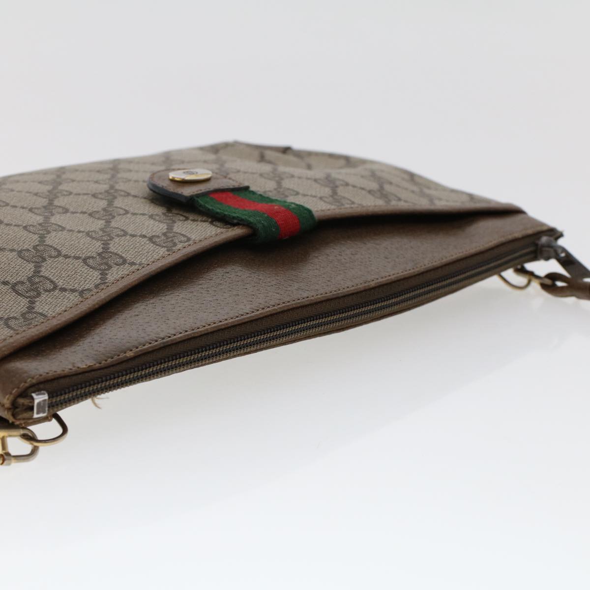 GUCCI GG Canvas Web Sherry Line Shoulder Bag PVC Leather Beige Green 48122