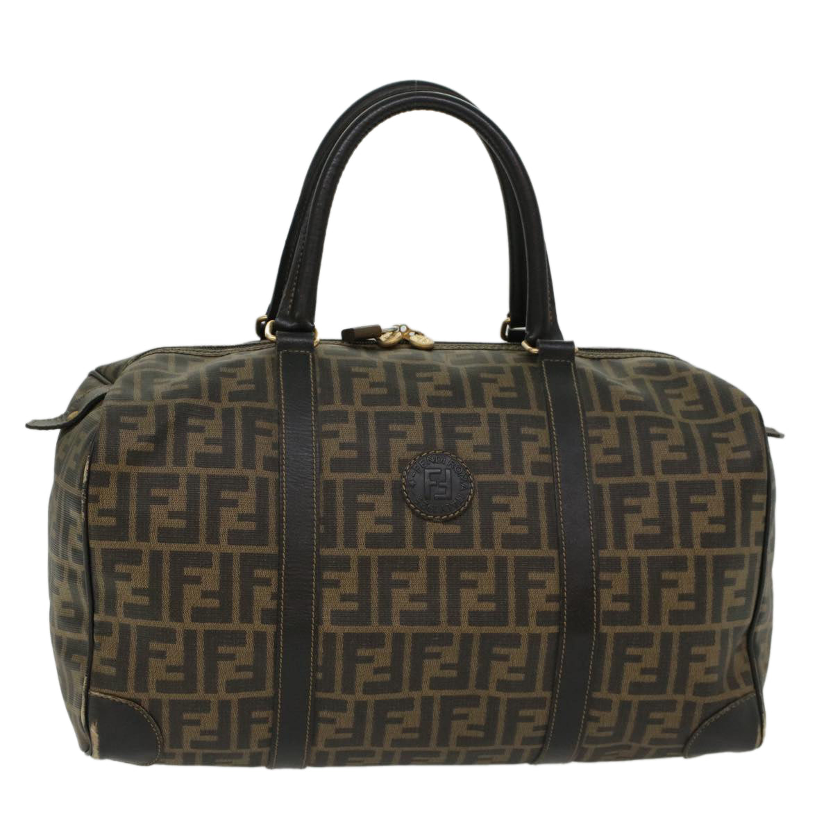 FENDI Zucca Canvas Boston Bag PVC Leather Brown Black 48144