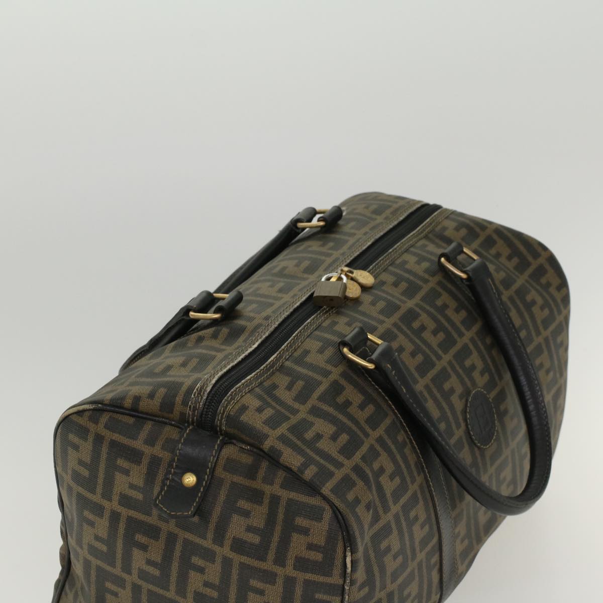 FENDI Zucca Canvas Boston Bag PVC Leather Brown Black 48144