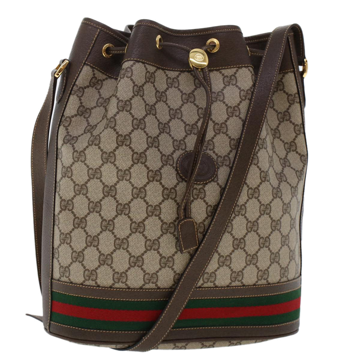 GUCCI GG Canvas Web Sherry Line Shoulder Bag PVC Leather Beige Green 48163