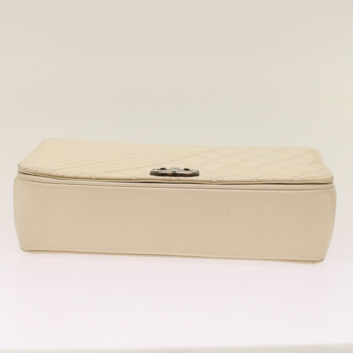 CHANEL Chevron x Matelasse Chain Shoulder Bag Lamb Skin White CC 48469A