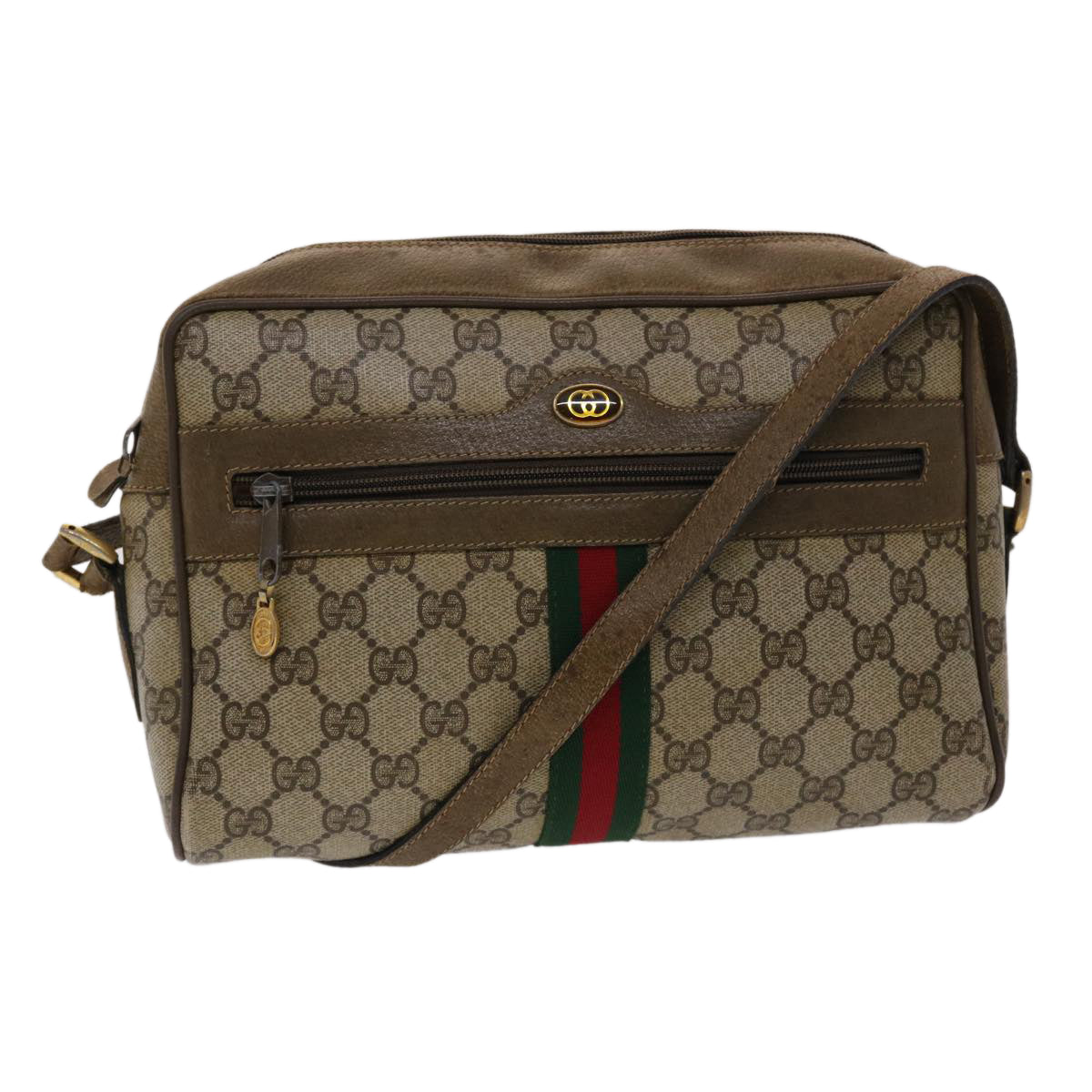 GUCCI GG Canvas Web Sherry Line Shoulder Bag PVC Leather Beige Green 48597