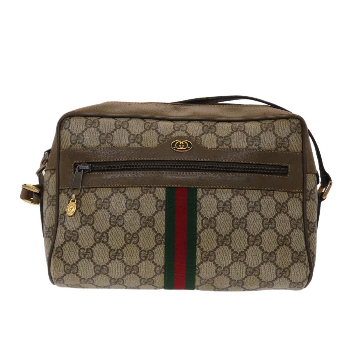 GUCCI GG Canvas Web Sherry Line Shoulder Bag PVC Leather Beige Green 48597