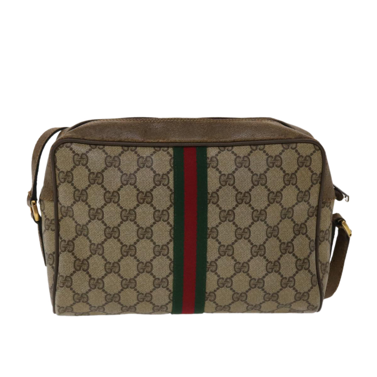GUCCI GG Canvas Web Sherry Line Shoulder Bag PVC Leather Beige Green 48597